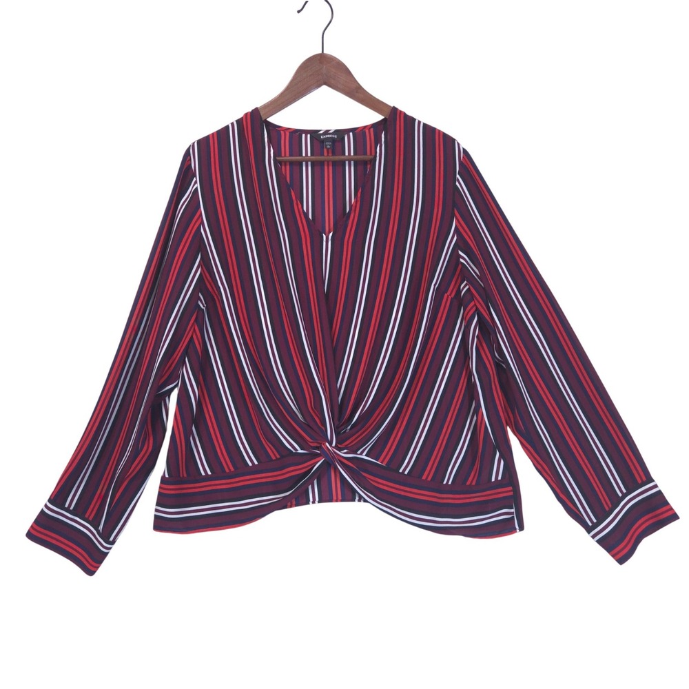 Express Striped Twist Front V-Neck Blouse Womens XL Chiffon Red Office Preppy‎